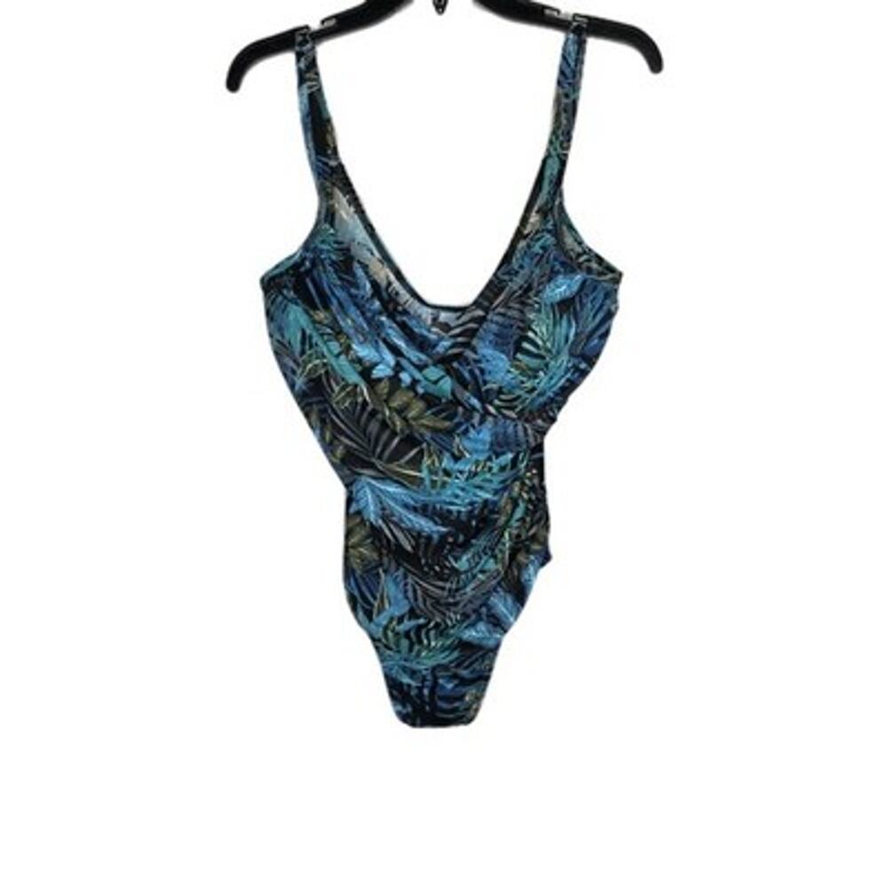 Miraclesuit Womens SZ 14 One Piece Swimsuit Blue Palm Leaves Seraphina Wire